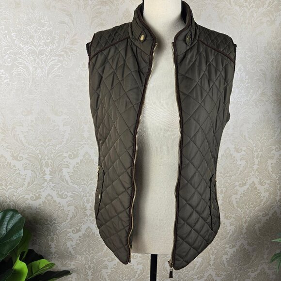 Active USA Size Medium Olive Green Quilted Zip Front Vest Brown Trim Pockets - Picture 9 of 13